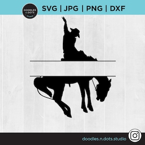 May include: Black silhouette of a cowboy riding a bucking horse with a blank space for a name above the horse. The image is suitable for a monogram or personalized design.