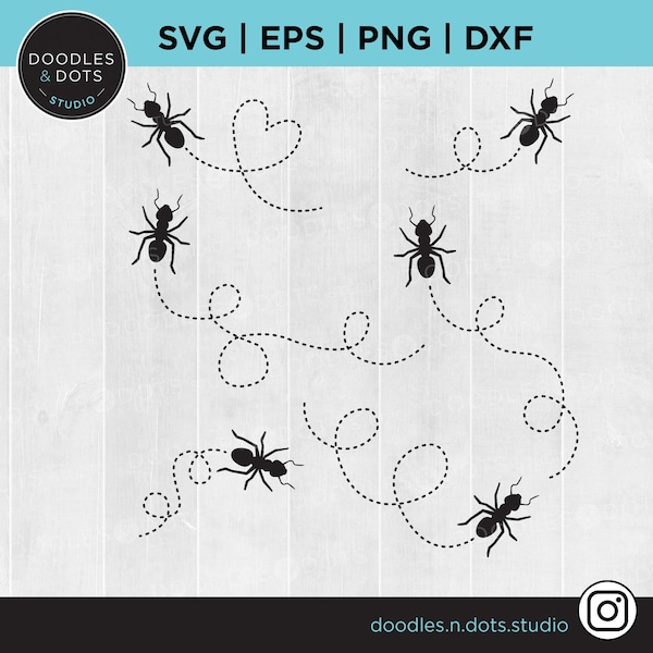 Fichiers PNG SVG chemin des fourmis pour machines de découpe, clipart numérique, svg pique-nique, fourmis noires, coeur, ferme de fourmis avec des lignes pointillées