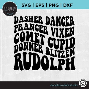 May include: Black and white graphic design featuring the names of Santa's reindeer in a retro, psychedelic style. The names are Dasher, Dancer, Prancer, Vixen, Comet, Cupid, Donner, Blitzen, and Rudolph.