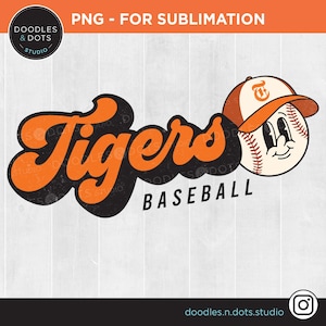 K&ouml;nnte beinhalten: Ein schwarzes und oranges Baseball-Teamlogo mit dem Wort "Tigers" in einer Retro-Schrift und dem Wort "Baseball" darunter. Ein Cartoon-Baseball mit einem l&auml;chelnden Gesicht und einer Baseballkappe mit dem Buchstaben "T" darauf befindet sich rechts neben dem Wort "Tigers".