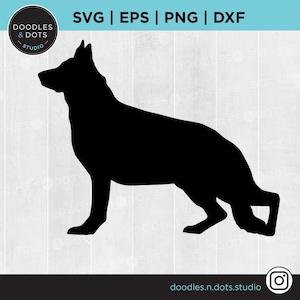 May include: Black silhouette of a German Shepherd dog standing with its head turned to the left. The dog is facing the left side of the image.