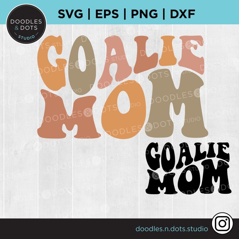 K&ouml;nnte beinhalten: Ein digitales Design mit dem Text "Goalie Mom" in einem Retro-Stil, der farbenfroh und geschichtet ist. Der Text ist in einer fetten, abgerundeten Schriftart mit einem Schichteffekt, der einen 3D-Look erzeugt. Das Design ist perfekt f&uuml;r die Erstellung eines T-Shirts, einer Tasse oder anderer personalisierter Artikel.