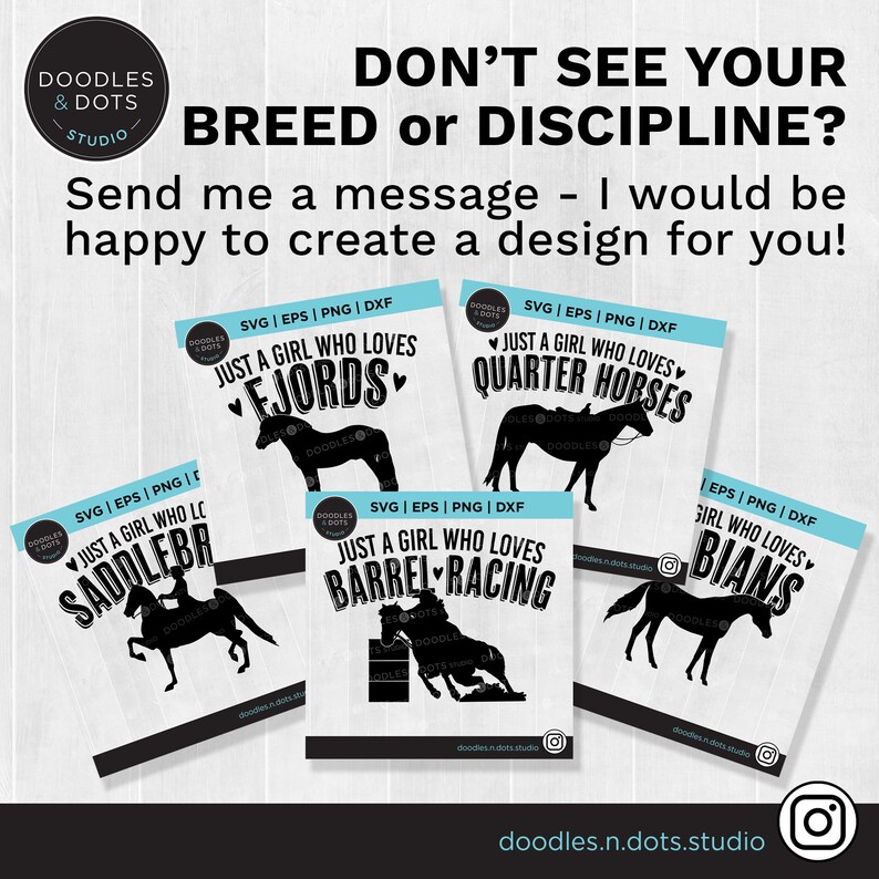 May include: Four digital designs featuring silhouettes of horses and riders. The designs include the text "Just a girl who loves" followed by "Fjord", "Quarter Horses", "Barrel Racing", and "Bians".