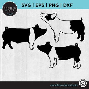 May include: Three black and white pig silhouettes. The pigs are standing in different poses. The image is a digital illustration.