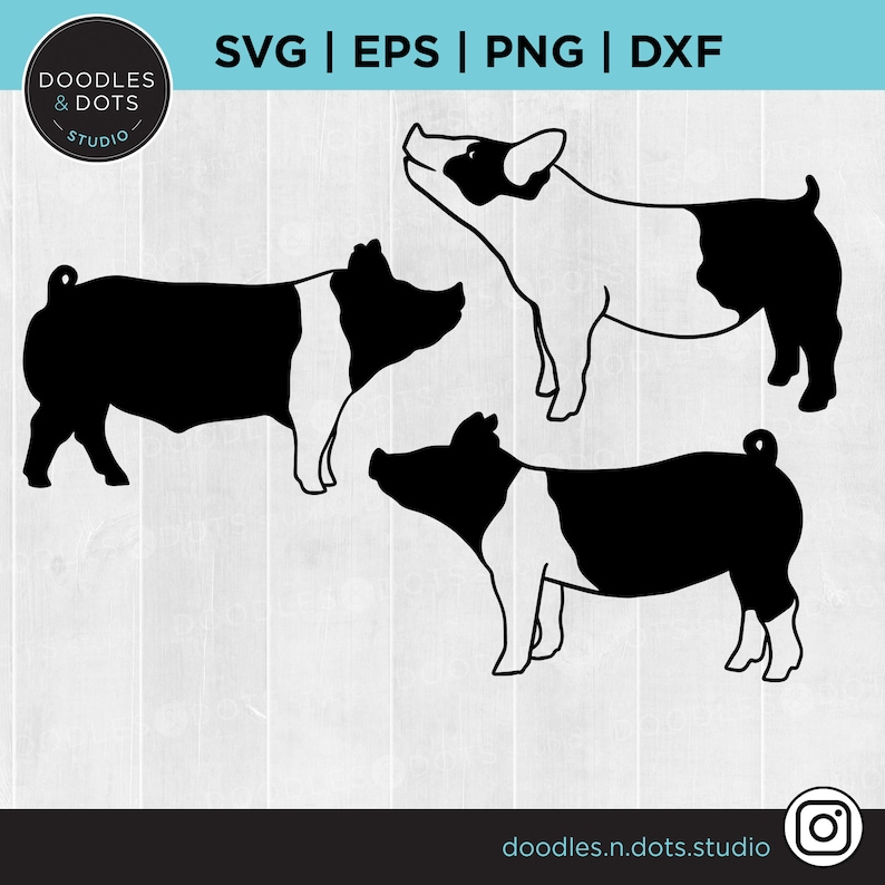 May include: Three black and white pig silhouettes. The pigs are standing in different poses. The image is a digital illustration.