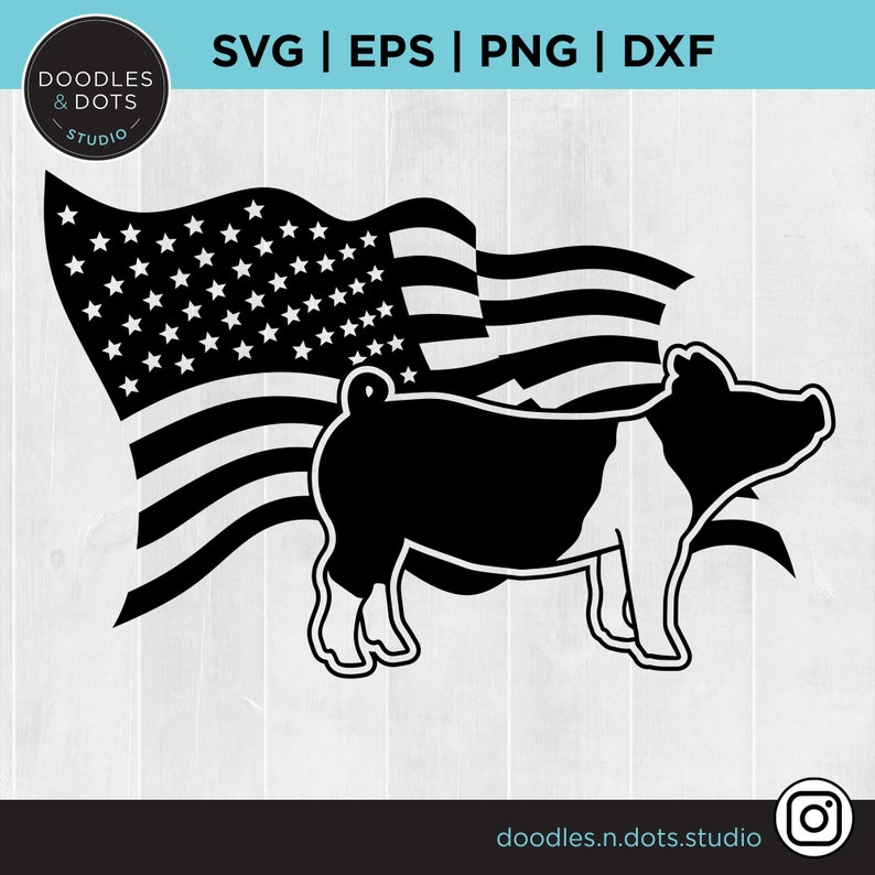 May include: Black and white silhouette of a pig standing in front of a waving American flag.