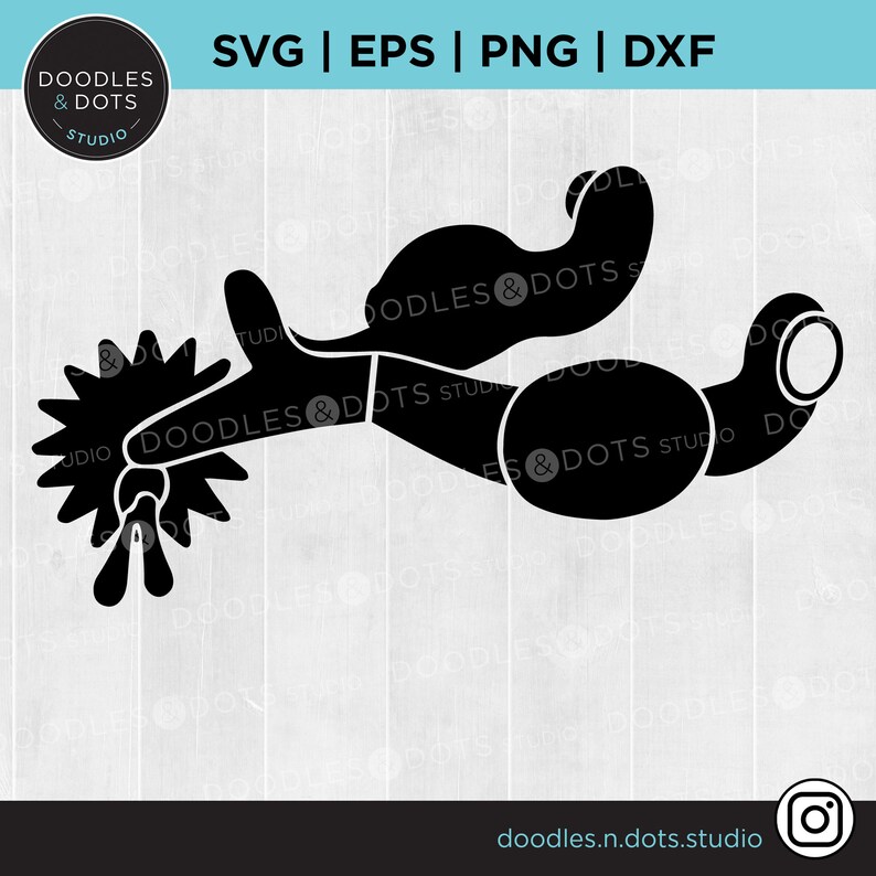 May include: Black silhouette of a cowboy spur with a pointed tip and a star-shaped rowel. The spur is a common symbol of the American West.