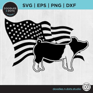 May include: Black and white silhouette of a pig standing in front of a waving American flag.