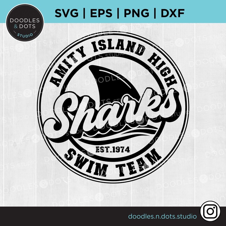 May include: Black and white circular logo with the text "Amity Island High Sharks Swim Team Est. 1974". A shark fin is depicted inside the circle.