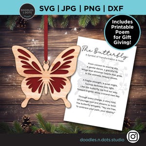 Gelaagd vlinderornament, meerlaagse 3D vlinderornament digitale bestanden voor knutselen + lasersnijden, afdrukbaar gedicht + svg, dxf, jpg, png