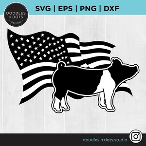May include: Black and white silhouette of a pig standing in front of an American flag. The pig is facing right and has a white patch on its side. The flag is waving in the wind.
