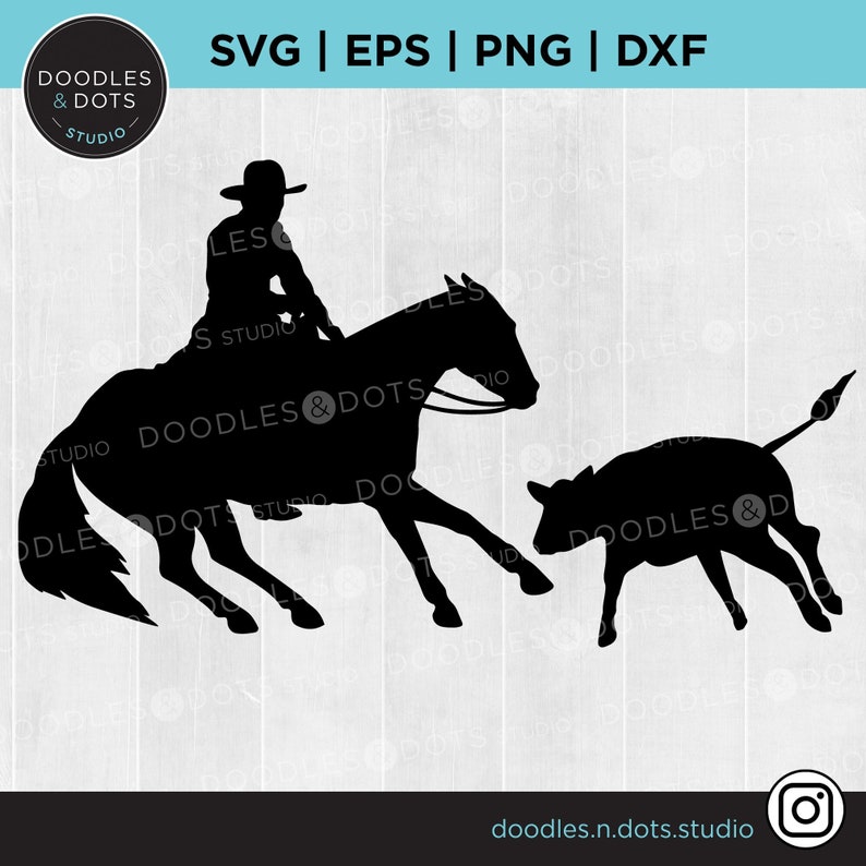 Quarter Horse svg | Western horse | Cowboy clipart | Western rodeo event | Cutting horse svg | American Cowboy at rodeo on a horse with calf image 1