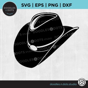 May include: Black and white silhouette of a cowboy hat. The hat is tilted to the side and has a wide brim.