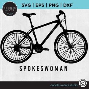 K&ouml;nnte beinhalten: Schwarze Silhouette eines Fahrrads mit dem Text "SPOKESWOMAN" darunter.