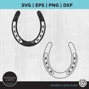 May include: Two black and white horseshoe outlines. The top horseshoe is filled in black. The bottom horseshoe is an outline. The image is on a white woodgrain background.