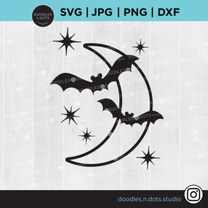 Bats and Moon svg, Halloween svg, Halloween Bats and Crescent Moon clipart, Spooky Bats svg, Simple Bats, Moon and Stars, Halloween Clipart