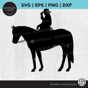 May include: Black silhouette of a person riding a horse. The person is wearing a cowboy hat and is holding the hat brim with their hand. The horse is standing with its legs straight and its tail is flowing behind it.
