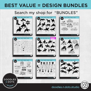 May include: A set of nine digital design bundles featuring various themes, including cowgirls, gardening, rodeo, and gin. Each bundle includes SVG, EPS, PNG, and DXF files. The designs are black and white.