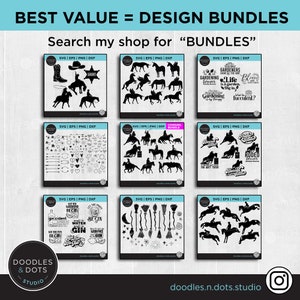 May include: A set of nine digital design bundles featuring various themes, including cowgirls, gardening, rodeo, and gin. Each bundle includes SVG, EPS, PNG, and DXF files. The designs are black and white.