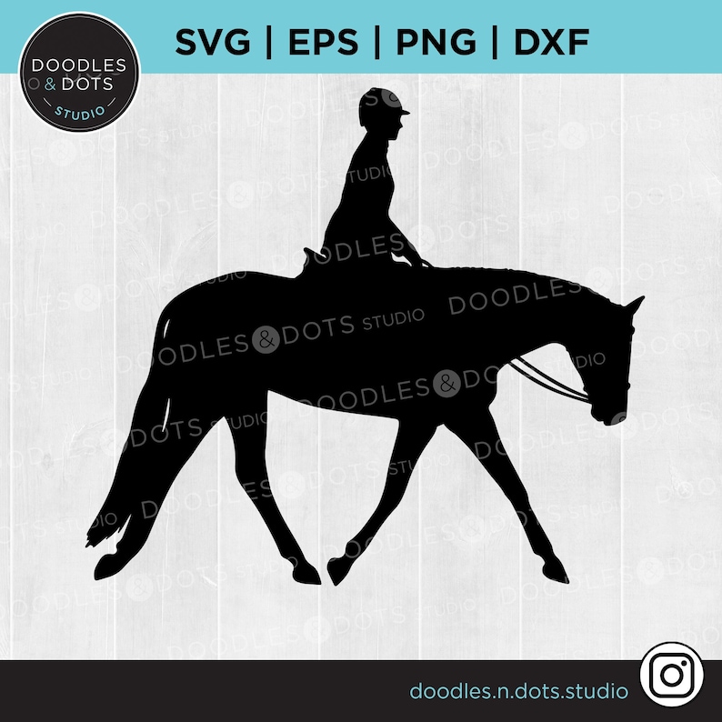 May include: Black silhouette of a person riding a horse. The person is wearing a helmet and the horse is walking. The image is on a white woodgrain background.