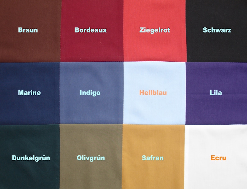 Puede incluir: Una carta de colores con 12 muestras de tela, cada una etiquetada con una palabra alemana para el color. Los colores son: marr&oacute;n, burdeos, rojo teja, negro, azul marino, &iacute;ndigo, azul claro, lila, verde oscuro, verde oliva, azafr&aacute;n y crudo.