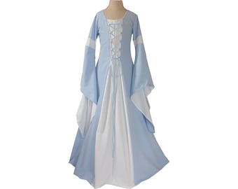 Dornbluth Carnaval Halloween Renaissance Moyen Âge Médiéval Robe pour Femme Johanna Mini Bleu Clair-Écru Fabriqué en Allemagne