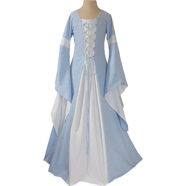 Dornbluth Karneval Halloween Renaissance Mittelalter mittelalterliches Damen Kleid Gewand Robe Johanna Mini Hellblau-Ecru Made in Germany