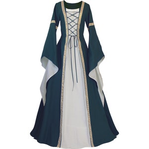 Dornbluth Carnival Larp Halloween Renaissance Middle Ages Medieval Women's Dress Robe Anna Dark Green-Ecru Made in Germany