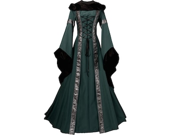 Dornbluth Carnaval Larp Halloween Renacimiento Edad Media medieval damas vestido túnica Sarah verde oscuro-negro Hecho en Alemania