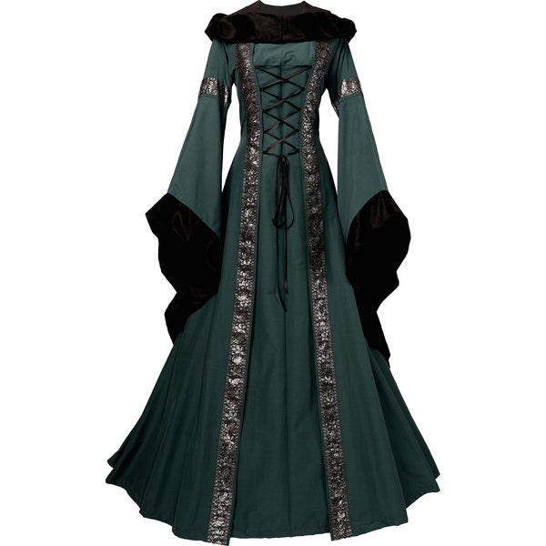 Dornbluth Karneval Larp Halloween Renaissance Mittelalter mittelalterliches Damen Kleid Gewand Robe Sarah Dunkelgrün-Schwarz Made in Germany