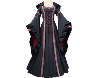 Dornbluth Karneval Larp Halloween Renaissance Mittelalter mittelalterliches Damen Kleid Gewand Robe Sophia Schwarz-Bordeaux Made in Germany