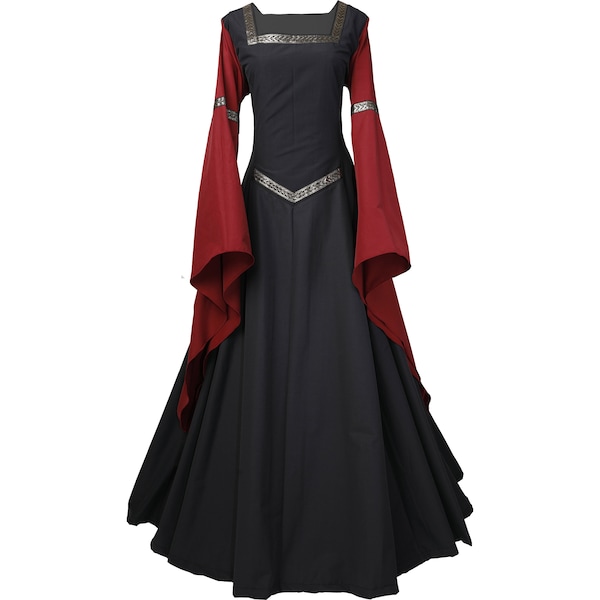 Dornbluth Karneval Larp Halloween Renaissance Mittelalter mittelalterliches Damen Kleid Gewand Robe Hermia Schwarz-Bordeaux Made in Germany