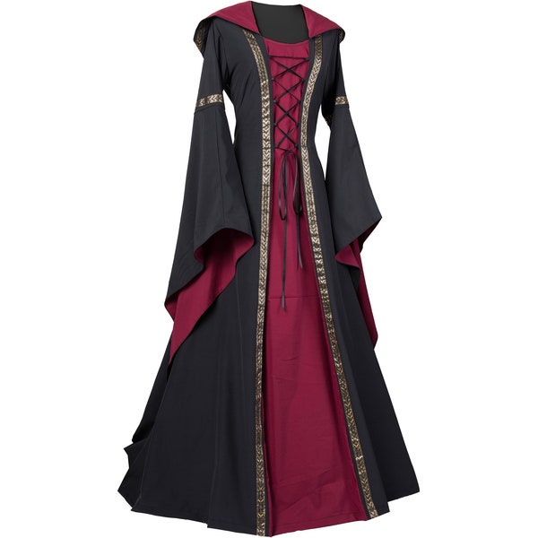 Dornbluth Karneval Halloween Renaissance Mittelalter mittelalterliches Damen Kleid Gewand Robe Adelheid Schwarz-Bordeaux Made in Germany