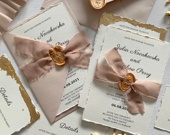 Beige Handmade Wedding Invitation Sets, Deckled Edge Paper Invitations, Cotton Paper Invitations, Monogram, Wax Seals, Torn Ribbon
