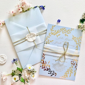 Gold plated Handmade Paper Wedding Invitation, Blue Invitation, Romantic Wedding Invites chiffon, gold wax stamp Dusty Blue Invitations,