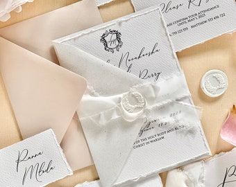 100 x ensemble d’invitations de mariage faits à la main, invitations en papier à bord ponté, bord déchiré, rubans de soie, cire de mariage en papier de coton PRIVÉ POUR MELISSA