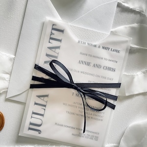 Invitation de mariage minimaliste en papier blanc fait main, suite de mariage esthétique, nœud d'invitation noir, invitations en cire, carte de mariage moderne, date
