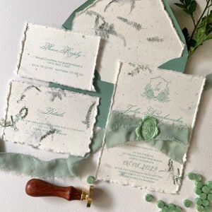Invitation de mariage en papier fait main vert sauge OLIVE, invitation à bord frangé, invitations de mariage romantiques Carte de mariage moderne, papier avec plante