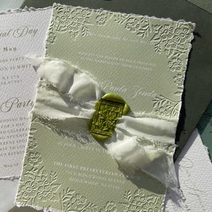 Suite di inviti di nozze pressati, inviti di nozze, inviti con bordi decorati, inviti di nozze romantici, salvia di carta di cotone MATCHA verde