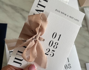 White Minimal Handmade Paper Wedding Invitation, aesthetic wedding suite, invitation bow black, Wax Invites Modern wedding card date