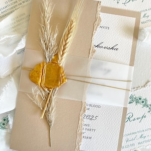 Invitation de mariage en papier fait main Pampas beige, invitation à bord ponté, invitations de mariage romantiques carte de mariage moderne pliage de dossier