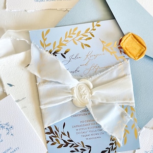 Dusty blue Wedding Invitation, Handmade Paper Wedding Invitation, Deckled Edge Invitation, Romantic Garden Wedding Invite, Gold Wedding