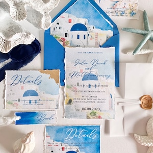 Île grecque Invitation mariage, Santorin Grèce Destination mariage bleu égéen aquarelle de mariage personnalisée
