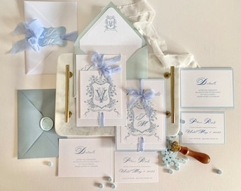 Dusty Blue wedding invitation, wedding crest invitation, Regency, Bridgerton, myrtie blue, Classic dusty blue Custom monogram and ribbon