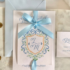 Dusty Blue wedding invitation, wedding crest invitation, Watercolor seaside, myrtie blue, Classic dusty blue Custom monogram and ribbon, wax