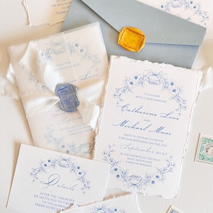 Dusty blue Wedding Invitation, Handmade Paper Wedding Invitation, Deckled Edge Invitation, Romantic Garden Wedding Invite, Blue Wedding
