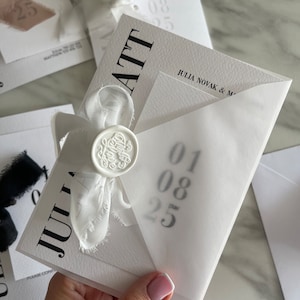 Invitation de mariage en papier blanc minimal fait à la main, suite de mariage esthétique, noeud d'invitation noir, invitations en cire date de la carte de mariage moderne
