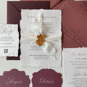 Suite d’invitation de mariage pressée, invitation de mariage en papier faite à la main, invitation à bord ponté, invitations de mariage romantiques, papier de coton