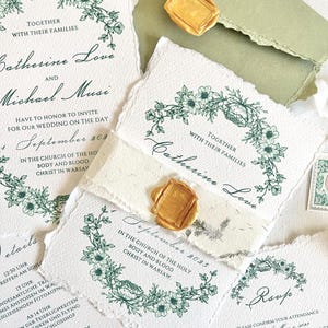 Invito a nozze verde salvia, Invito a nozze in carta fatta a mano, Invito con bordo decorato, Invito a nozze in giardino romantico, Matrimonio Blush