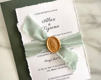 Sage Green Handmade Wedding Invitation Sets, Deckled Edge Paper Invitations, Cotton Paper Invitations, Monogram, Wax Seals, Torn Ribbon